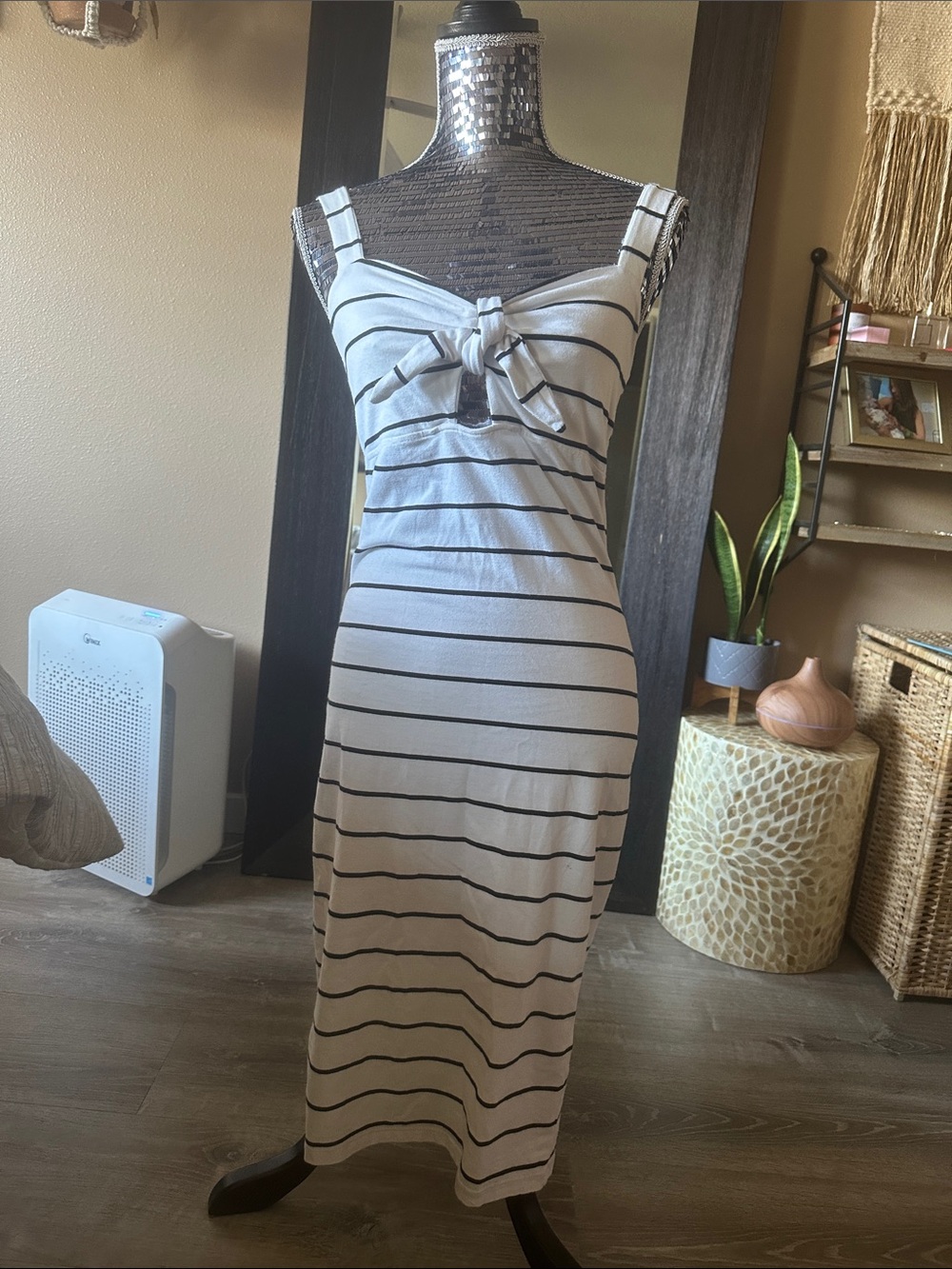 Striped Tie-Front White and Black Midi Dress